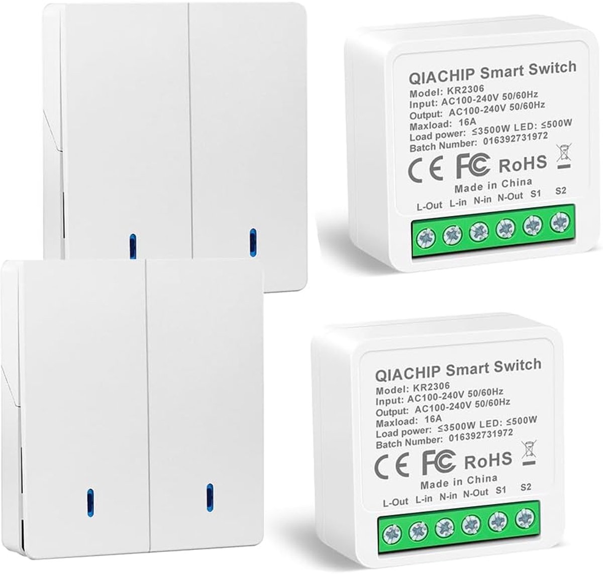 QIACHIP Wireless Light Switch and Receiver Set, 2.4 GHz Immunity, 16 A, 3000 W, Mini Controller, Relay Module with 2 - ShopVlot
