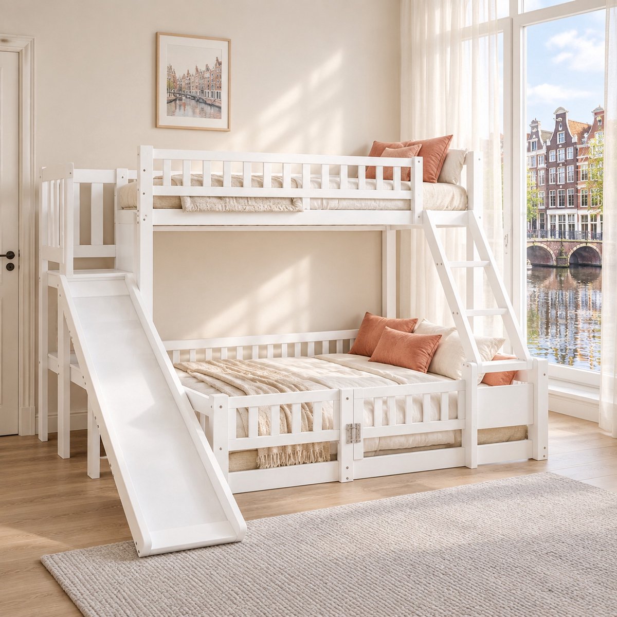WUVRIE Stapelbed 90x200 en 140x200 cm met glijbaan, trap, planken en veiligheidshekken, wit