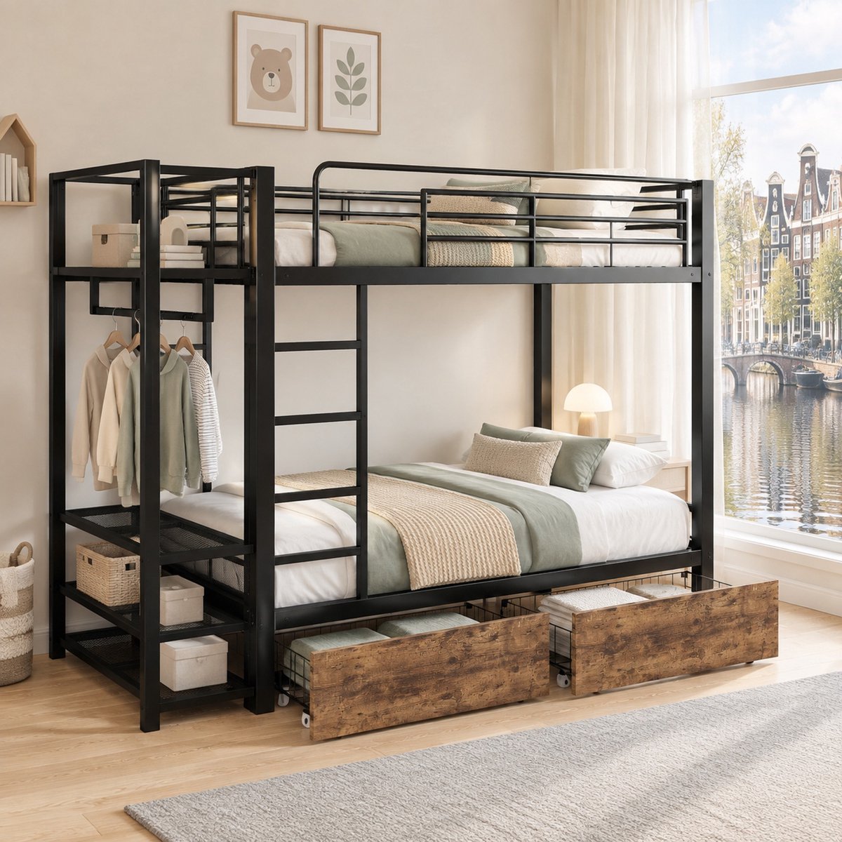 WUVRIE Stapelbed 90x200 cm met metalen frame, LED, 2 lades en kledingstang, zwart