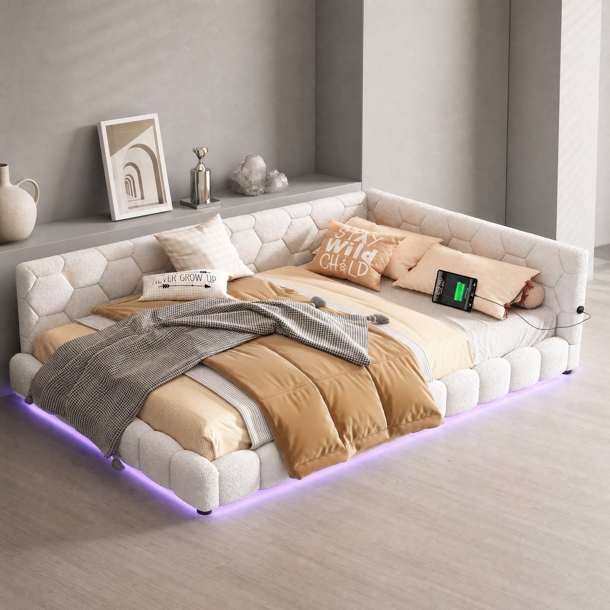 WUVRIE Slaapbank 140x200 cm met lattenbodem, 16-kleuren LED, USB en USB-C, wit