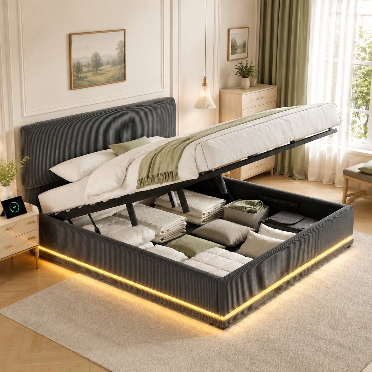 WUVRIE Gestoffeerd bedframe 180x200 cm met LED, USB-C, verstelbaar hoofdeinde en opbergruimte, donkergrijs