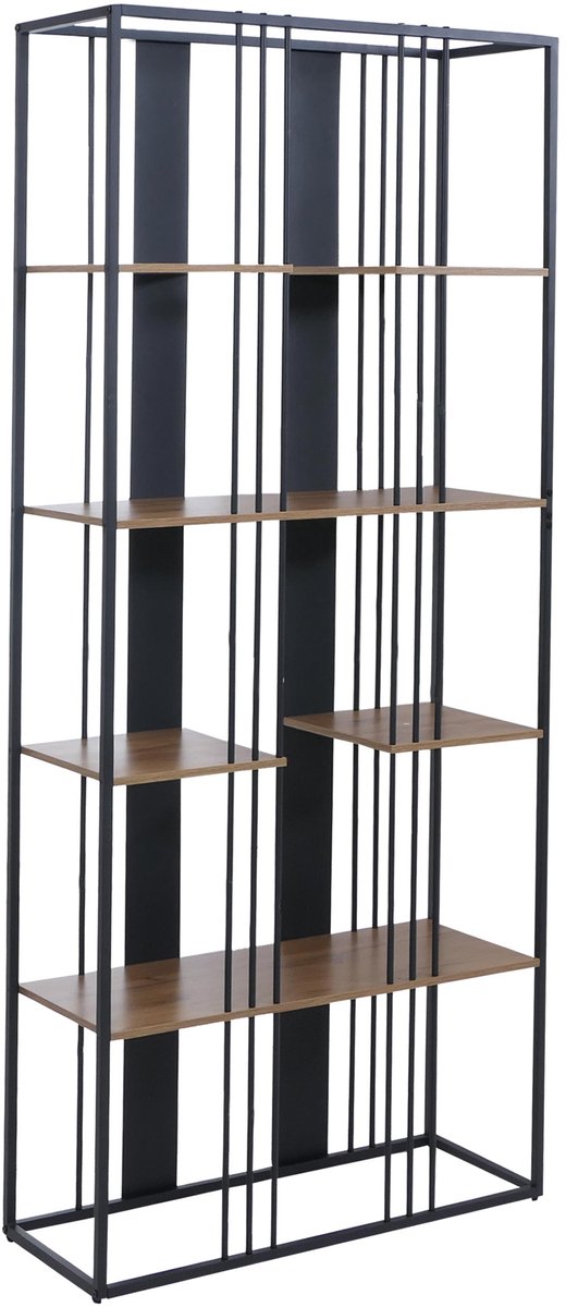Rek MCW-P12, boekenkast hoge kast, industrieel metaal melamine MVG-gecertificeerd 180x80x31cm ~ zwart, bruin