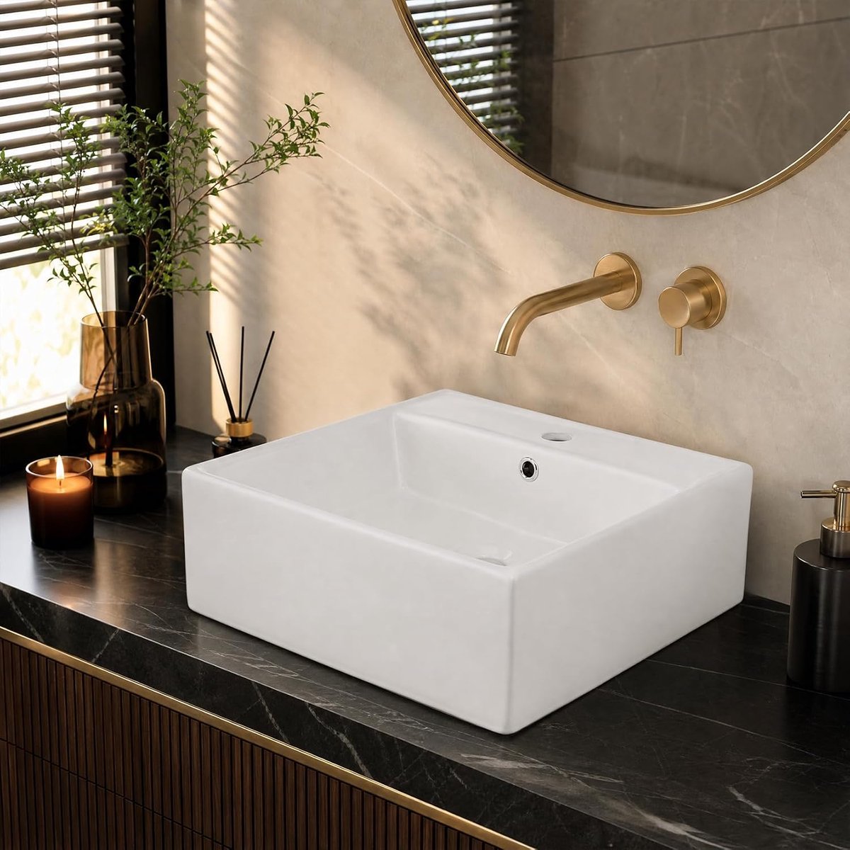 Vierkante Opbouw & Wandmontage Wastafel - 46 x 46 cm - Keramische Wasbak met Kraangat & Overloop - Thin Edge Glanzend Wit - Waskom voor Badkamer & Toilet