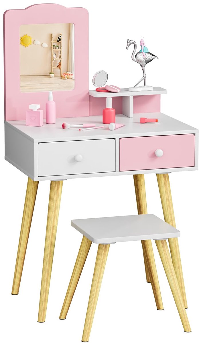 2 in 1 Kinder Kaptafel - Prinsessenkaptafel van Hout - met Afneembare Spiegel - 60x40x108 cm - Roze
