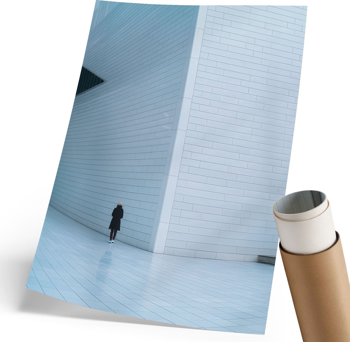 Coloray Polycanvas Wandposter - Het Meisje En De Vogel, Blauw - 210 x 297 mm - Wit Patroon - Rechthoek - Interieurdecoratie - Kantoor - Modern
