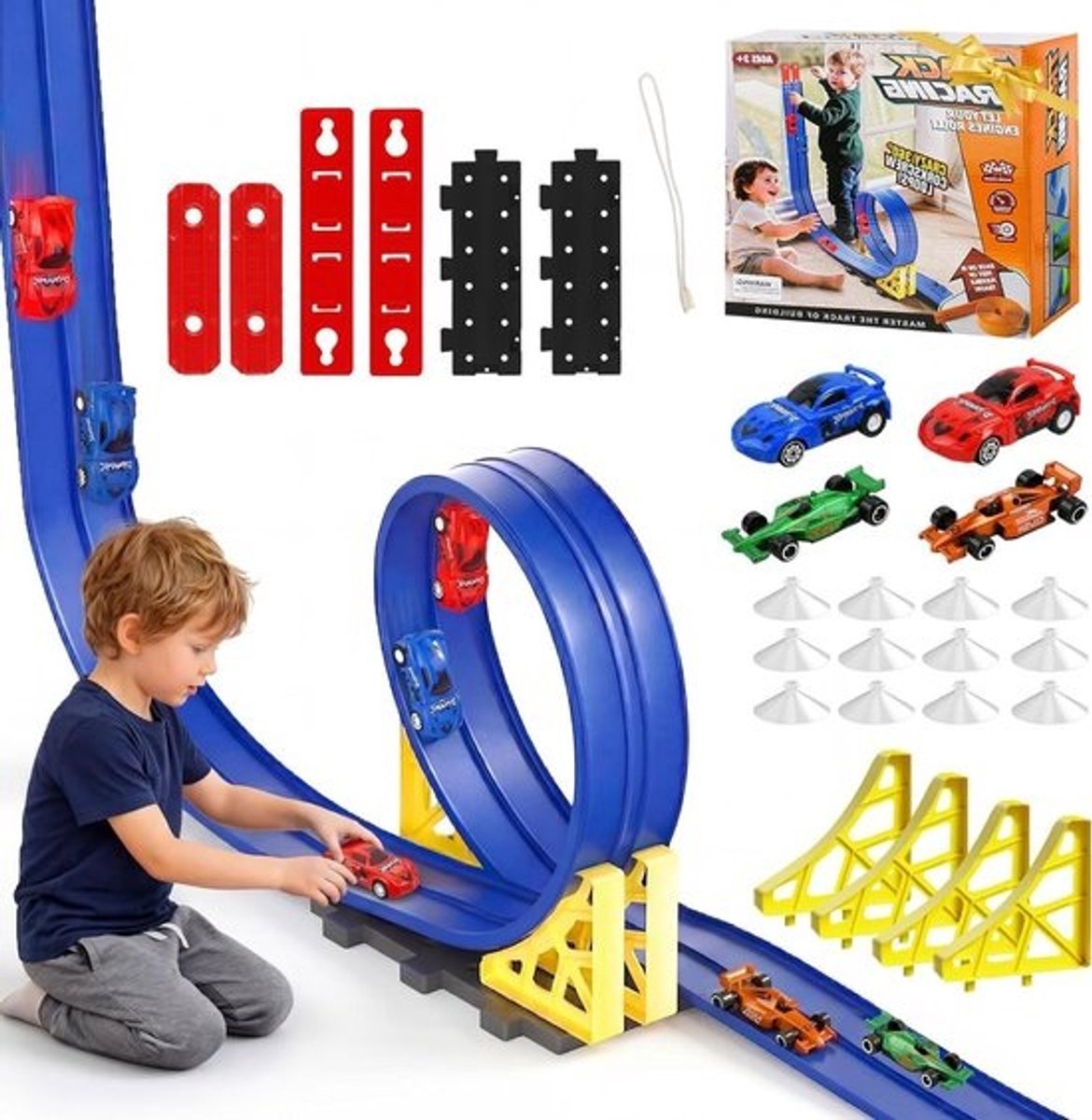 Flexibele Racebaan - Autobaan Speelgoed - Kinderen Spelen - 5 Meter Lange Baan - 4 Auto's - Blauw