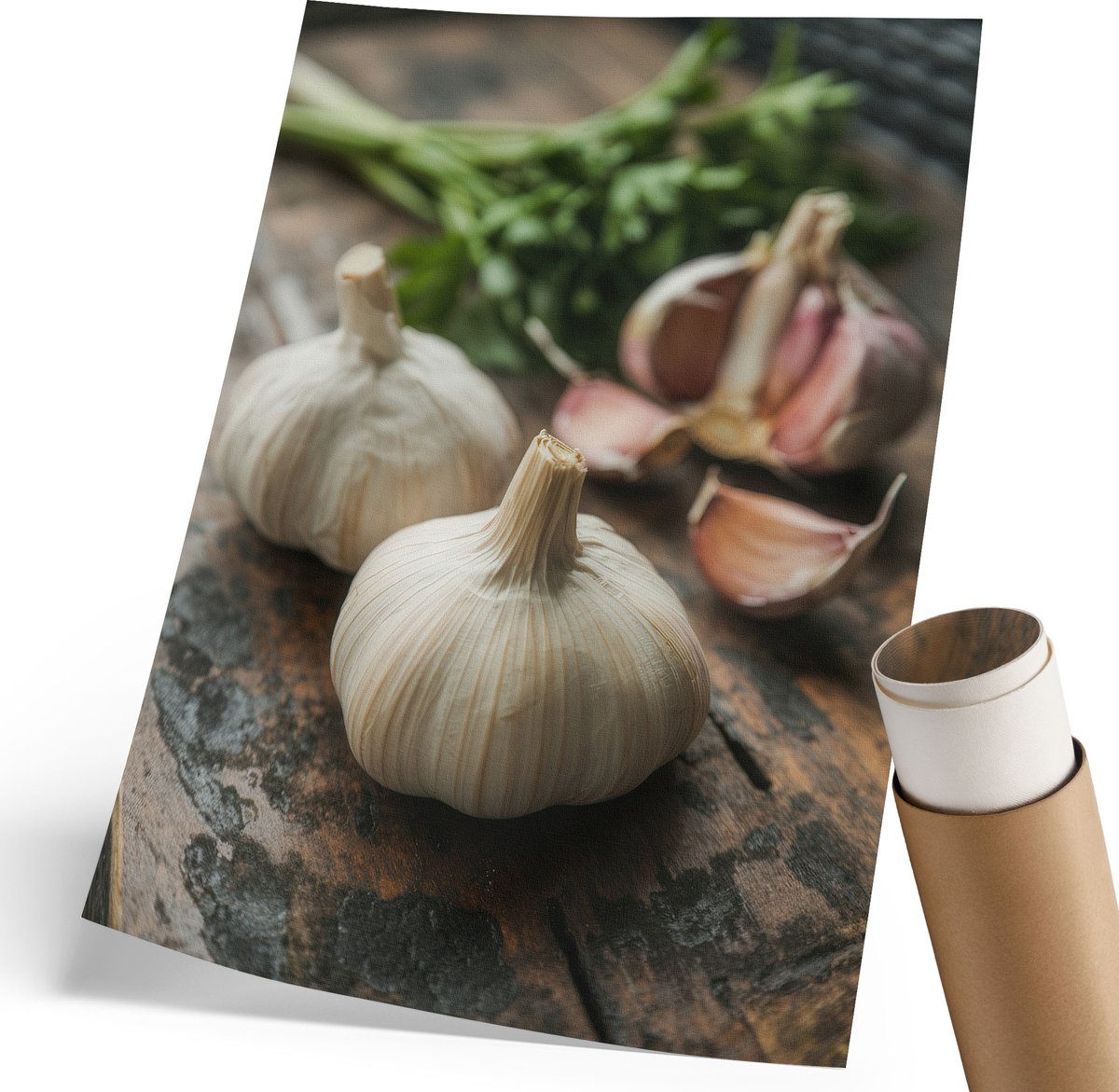 Coloray Polycanvas Poster - Knoflook Op Een Plank, Fotografie - 210 x 297 mm - Romig Design - Rechthoek - Muurdecoratie - Woonkamer, Slaapkamer, Kantoor - Klassiek
