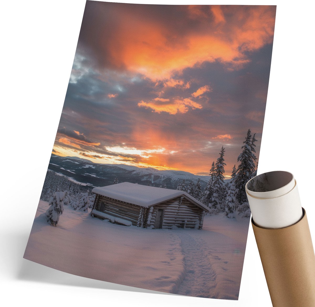 Coloray Polycanvas Wandposter - Winterlandschap, Fotografie - 210 x 297 mm - Oranje Wandposter - Rechthoek - Interieurdecoratie - Woonkamer, Slaapkamer, Kantoor - Rustiek