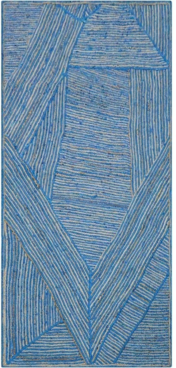 Jute Loper - Vloerkleed Runner - Interieur Decoratie - Handgeweven Natuurlijke Vezels - 4 x 10 voet - Blauw en Beige