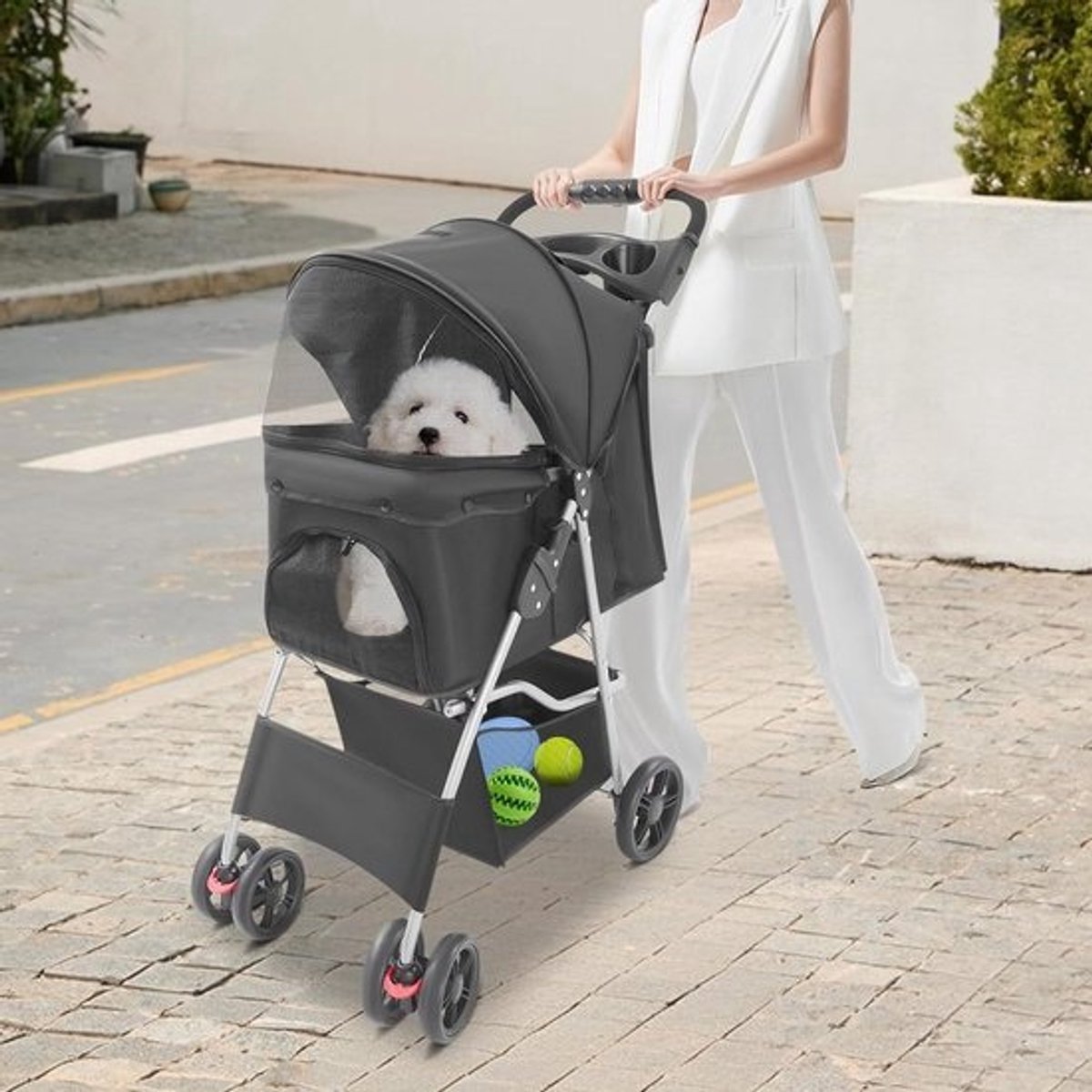 Huisdierwagen - Hondenbuggy Kattenwagen - Comfortabel Reizen - One-Touch Inklapbaar - Tot 15 kg - Zwart