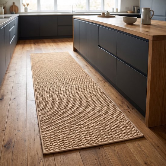 Tapis de cuisine beige à la texture tressée épaisse, sur un plancher en bois devant un îlot de cuisine.