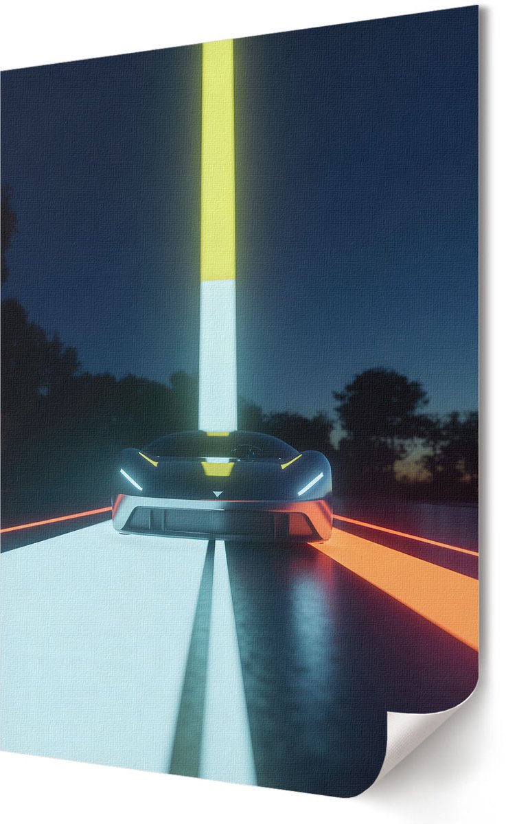 Coloray Polycanvas Wandposter - Futuristische Auto, Illustratie - 420 x 594 - Geel Motief - Rechthoek - Interieurdecoratie - Woonkamer, Slaapkamer, Kantoor - Popcultuur