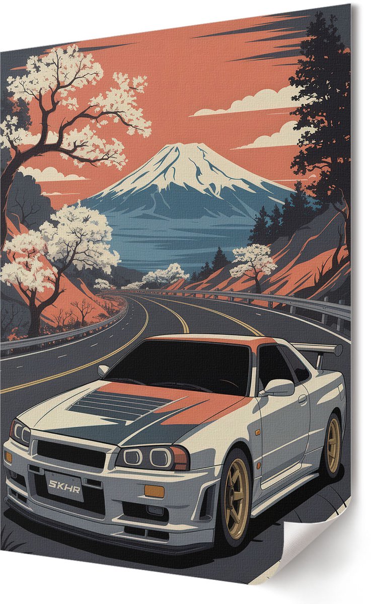 Coloray Polycanvas Poster - Auto En Bergen, Illustratie - 420 x 594 - Oranje Wandposter - Rechthoek - Muurdecoratie - Woonkamer, Slaapkamer, Kantoor - Retro