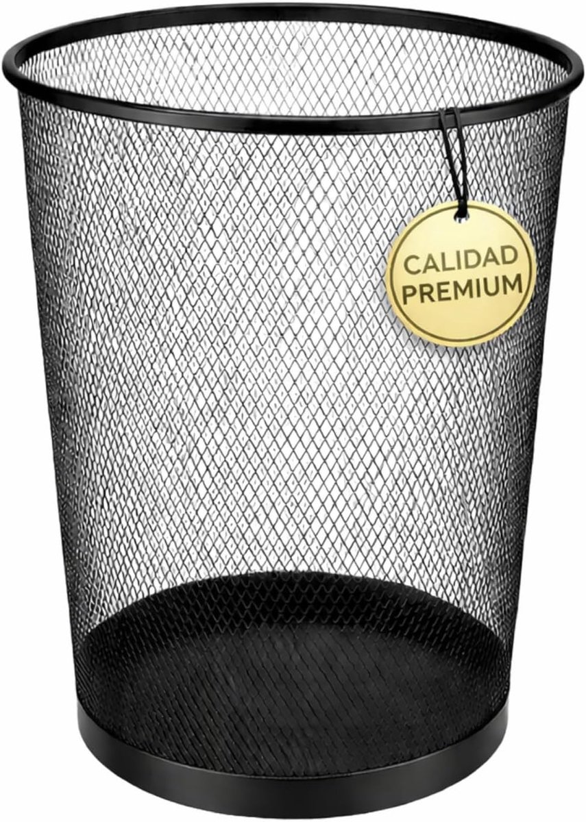 Ronde prullenbak van metaal met gaas, 10 liter, zwart, 27 x 24 cm