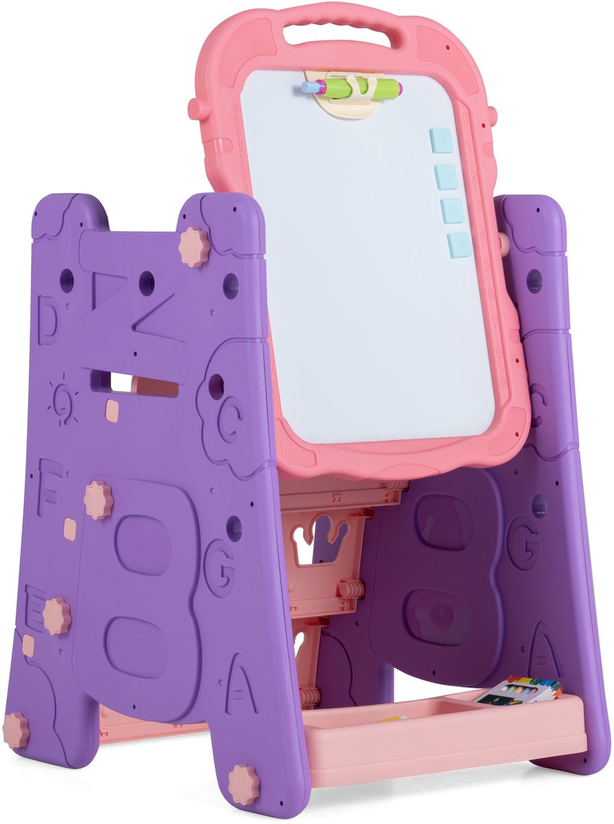 COSTWAY 4-in-1 kinderbord, kinderezel met boekenrek (roze en paars)