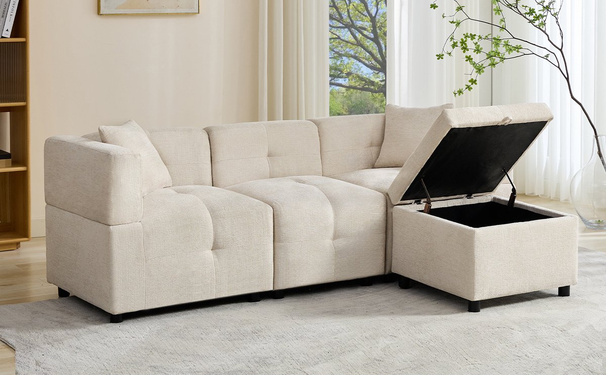 3-zits hoekbank - 204 x 126 x 69 cm - chenille bekleding - met opbergruimte - modulair samen te stellen - inclusief kussens - met stevig frame - Beige