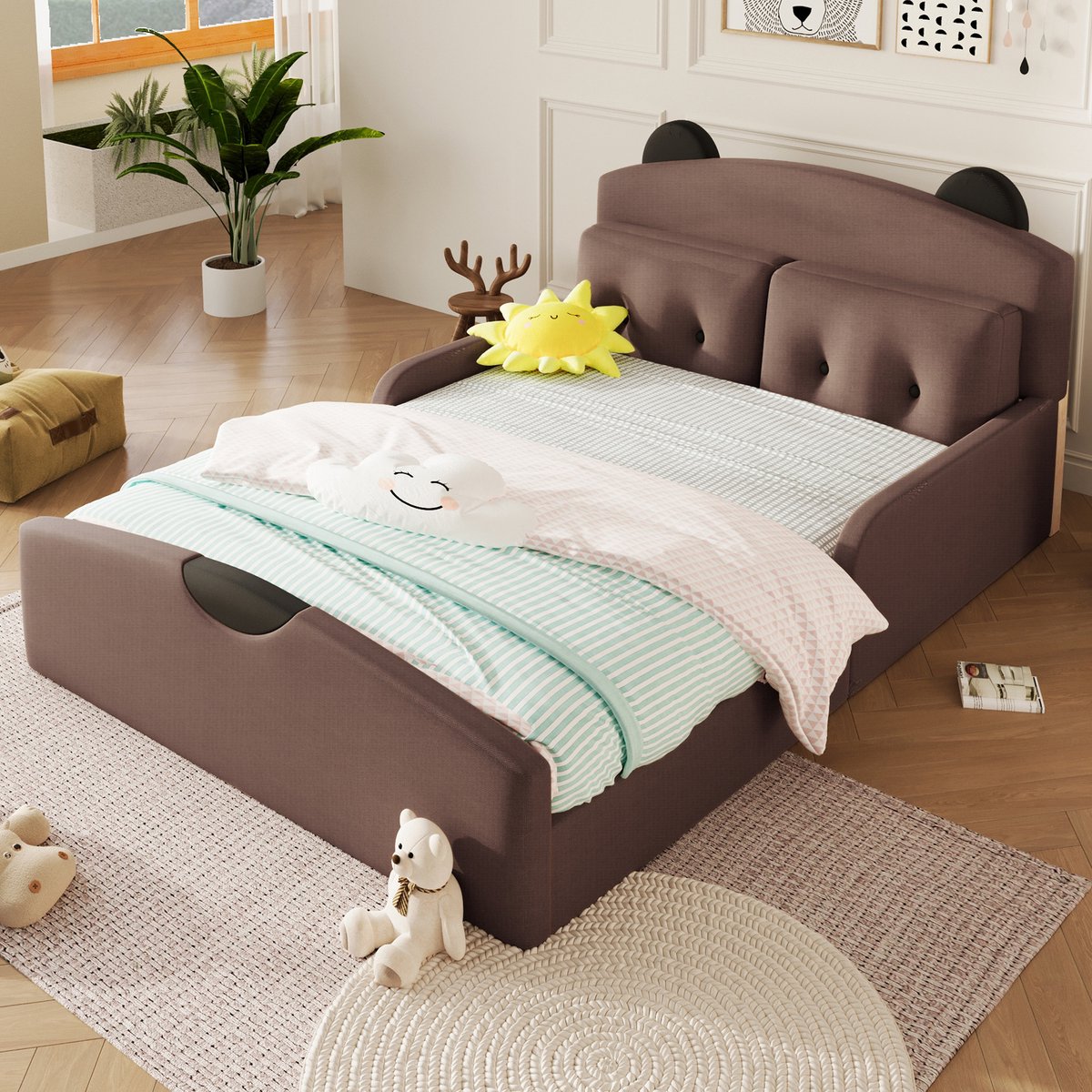 Bed 140x200 cm Met Berenhoofd En Gevoerde Hoofdbord In Linnenlook Met 2 Sierkussens Zonder Matras Voor Kinder En Jeugdkamer Koffie