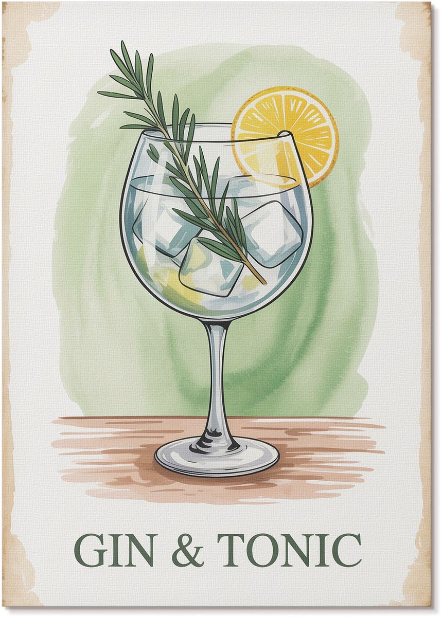 Tulup Polycanvas Wandposter - Gin Tonic, Waterverf - A4 - Groen Wanddecoratie - Rechthoek - Canvasposter - Woonkamer, Slaapkamer, Kantoor - Decoratief