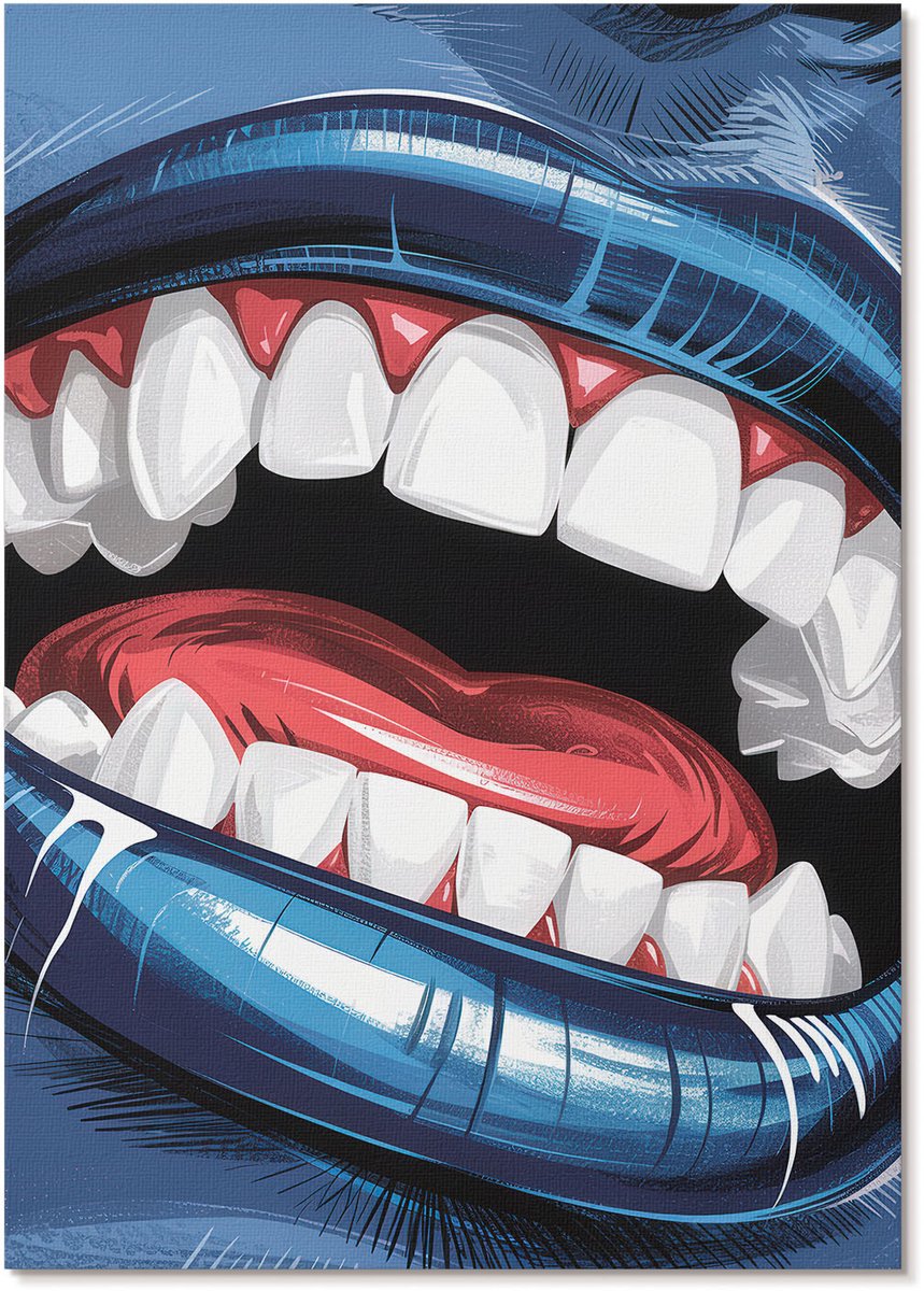Tulup Polycanvas Wandposter - Blauwe Lippen, Illustratie - A4 - Blauw Patroon - Rechthoek - Canvasposter - Woonkamer, Slaapkamer, Kantoor - Popcultuur