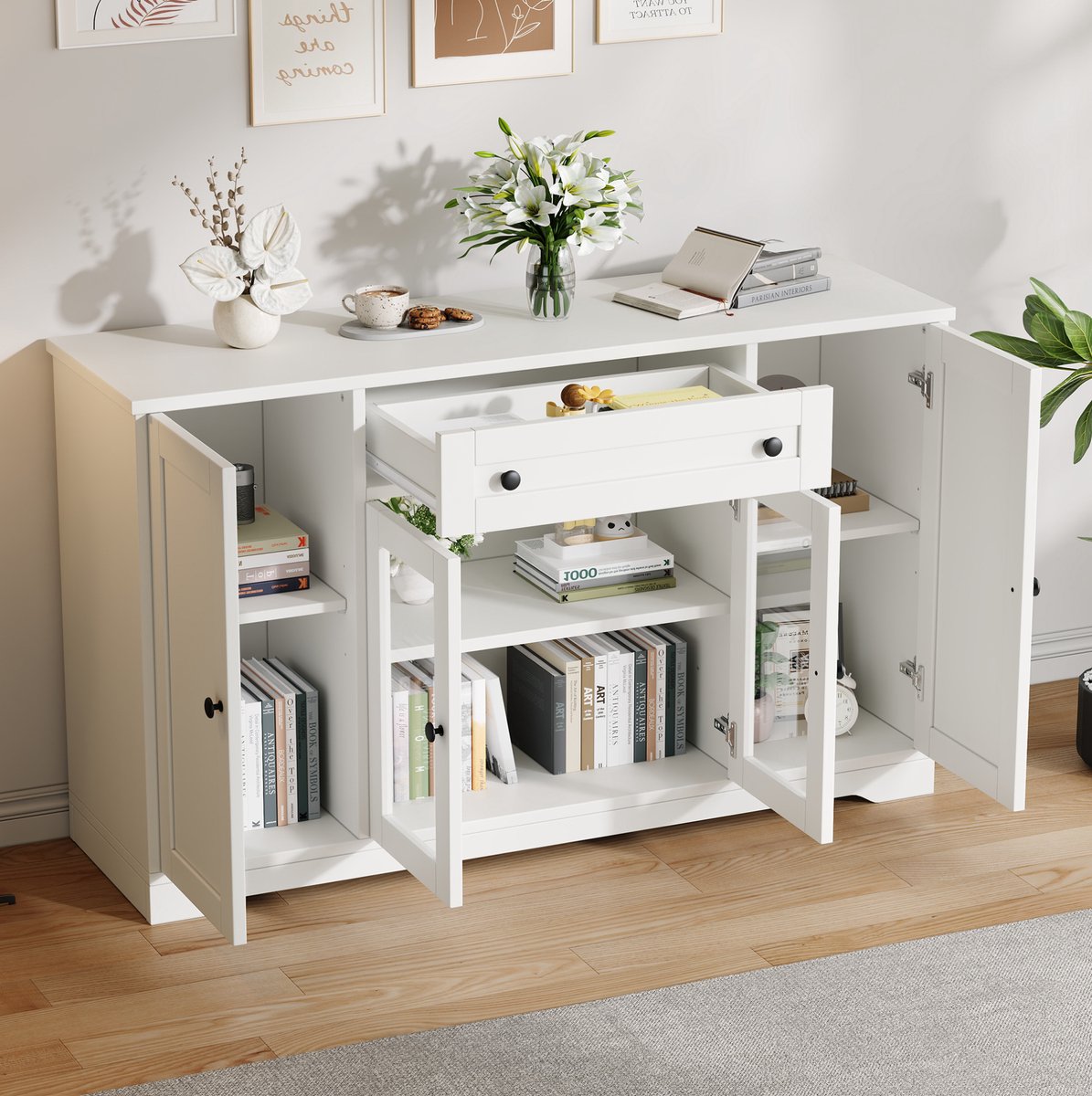 MODENUIT Dressoir - 4 Deuren En 1 Lade - Voor Woonkamer En Hal - MDF En Spaanplaat - Wit - 138x40x83 Cm