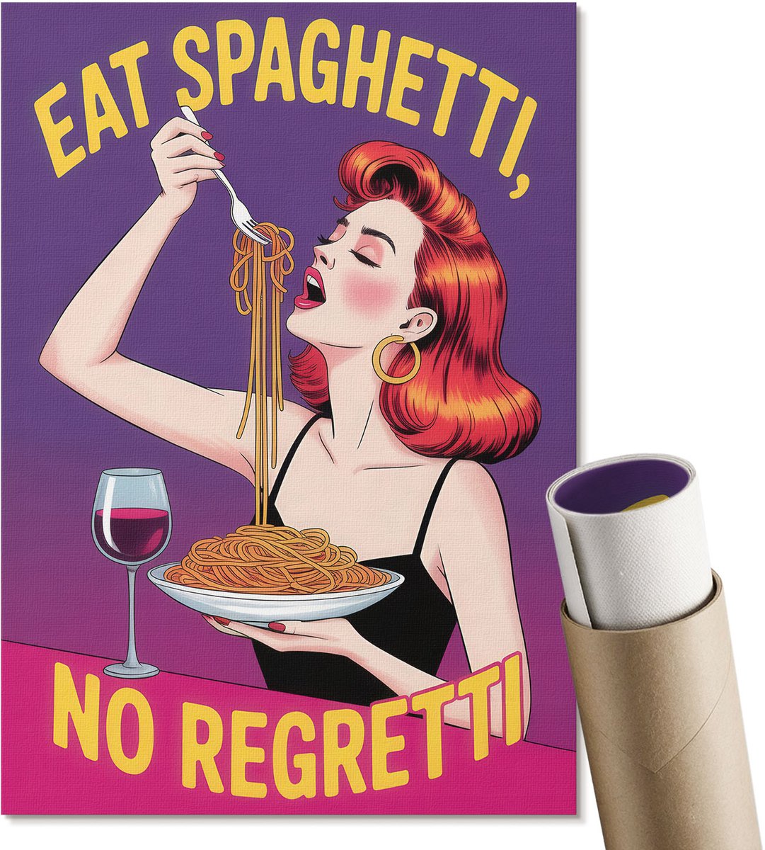 Coloray Polycanvas Wandposter - Eet Spaghetti, Illustratie - A4 - Paars Wandposter - Rechthoek - Canvasposter - Woonkamer, Slaapkamer, Kantoor - Retro