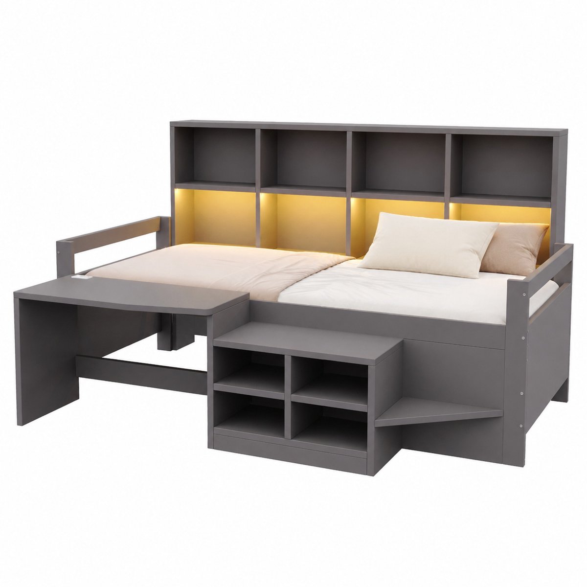 WUVRIE Kinderbed 90x200 cm met bureau, opbergruimte en LED-verlichting, grijs