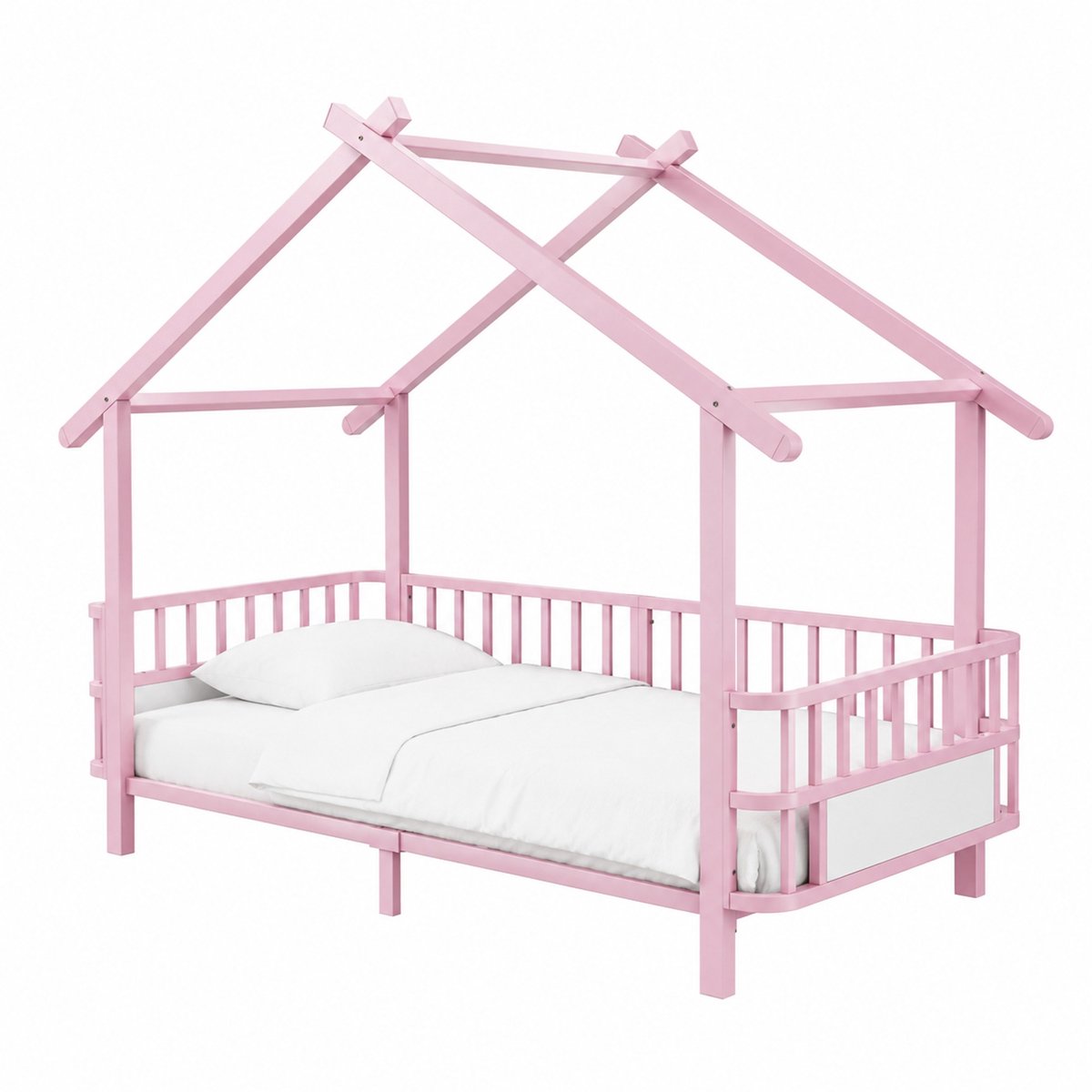 WUVRIE Kinderbed van metaal 90x200 cm in huisvorm met veiligheidsgitter, roze