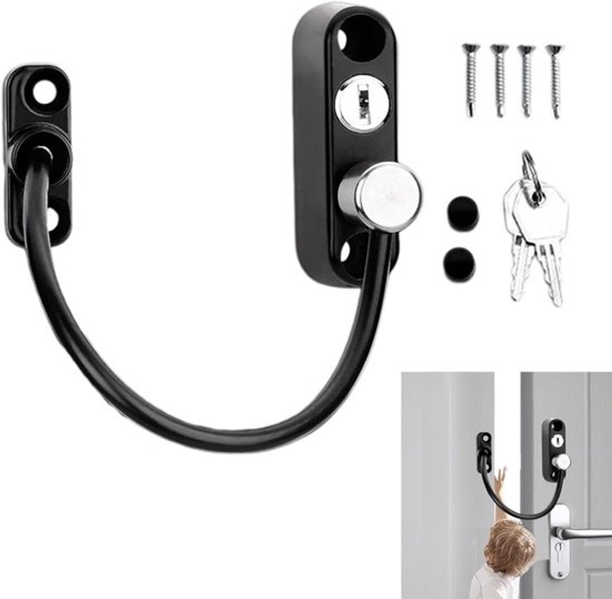 Raam Beveiliging - Kinder Beveiliging Raam - Kinderen Veilig Houden - Verstelbare Kabel - 17.5 cm - Zwart