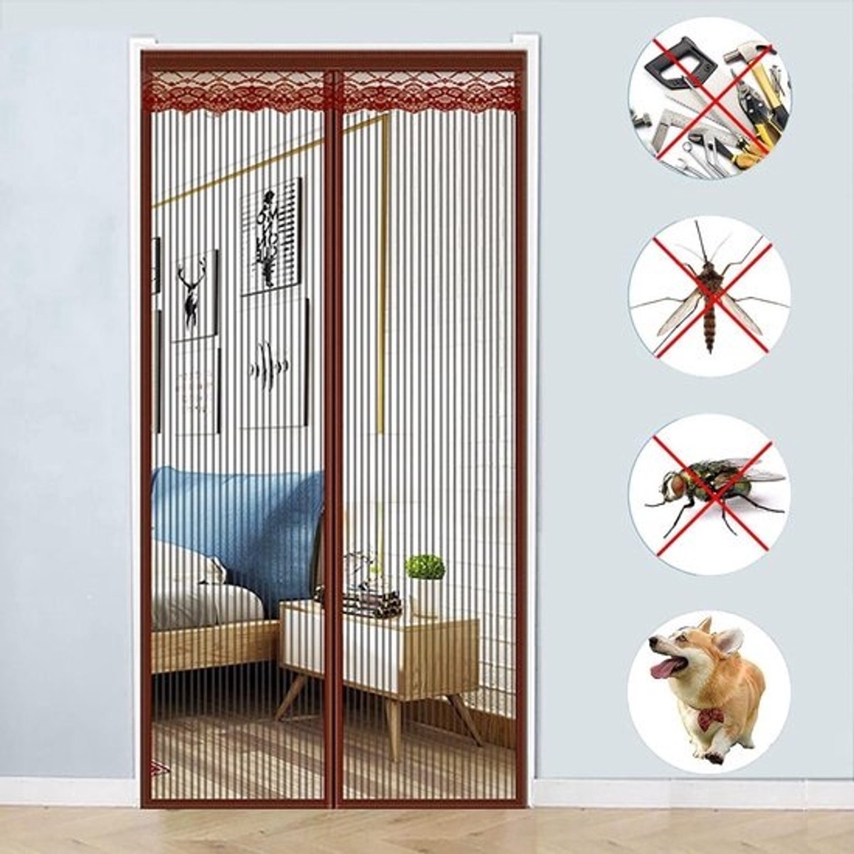 Vliegengaas Deur - Muggennet Deur - Insecten Buiten Houden - Automatisch Sluitend - 100 x 240 cm - Bruin