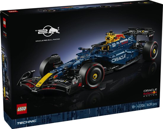 LEGO Technic Oracle Red Bull Racing RB20 doos. Donkerblauwe F1 auto met gele en rode accenten. "LEGO TECHNIC" en "18+" tekst.