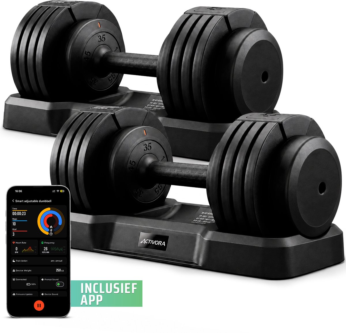 Activora Smart Dumbbell - Inclusief App en Smart display - Dumbells verstelbaar - 7 kg tot 25 kg - Dumbbells set - Gewichten set - Halterset - Krachttraining