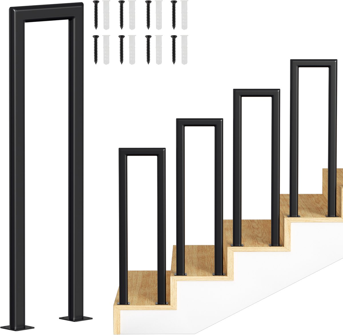 U-vormige trapleuning 100 cm zwart – ijzeren handgreep met ovale buis, montage op trede, voor binnen en buiten, incl. afdekkappen