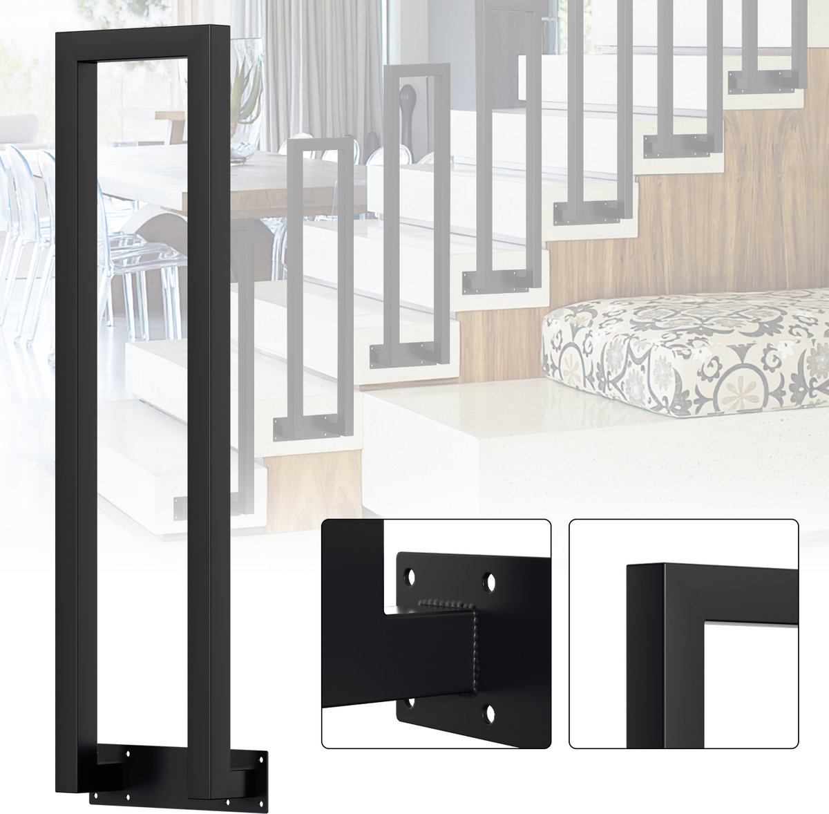 U-vormige trapleuning 95 cm zwart – ijzeren leuning met vierkante buis, zijmontage, binnen en buiten, incl. montagepakket