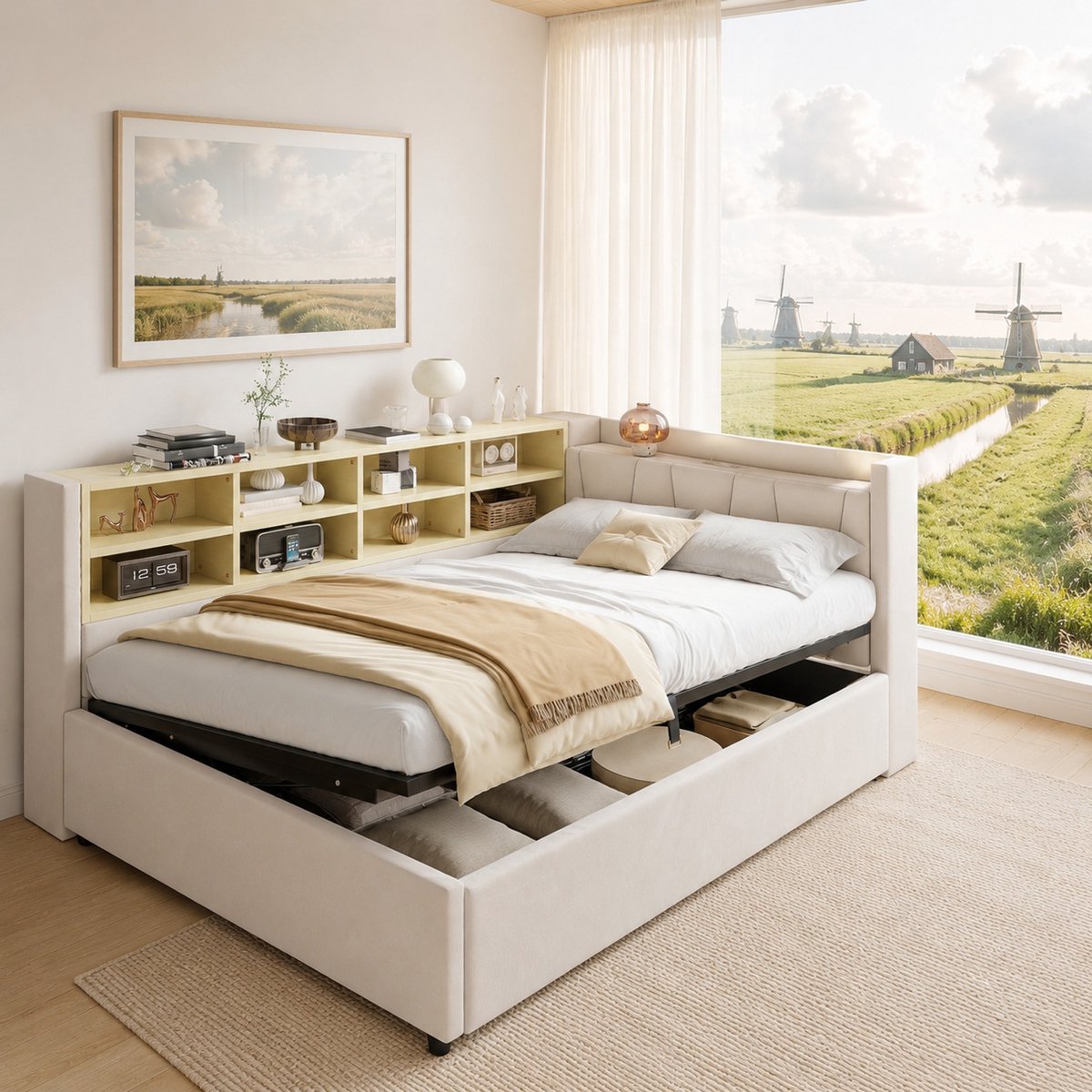 WUVRIE Slaapbank 90x200 cm met opbergruimte, nachtlicht, USB-C en lattenbodem, beige