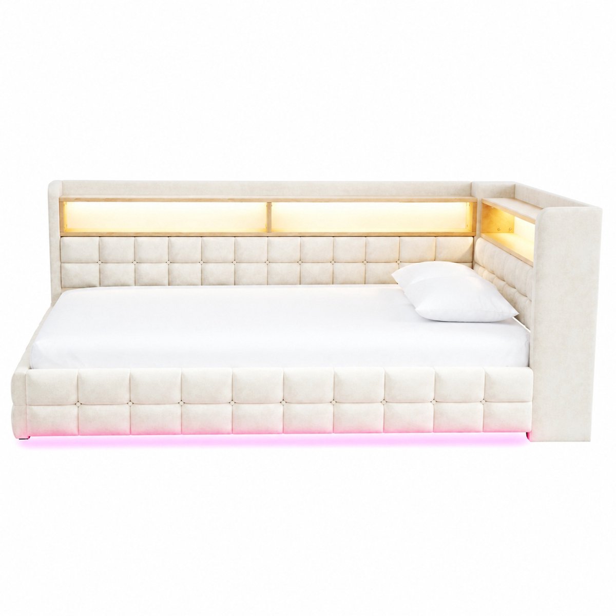 WUVRIE Slaapbank 90x200 cm met opbergruimte, LED-verlichting, USB-C en stopcontact, beige