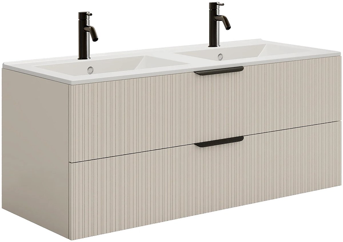 Vente-unique Zwevend badkamermeubel met ribbelstructuur en inbouwwastafel en kraan - Beige kleur - 120 cm - DALIKO