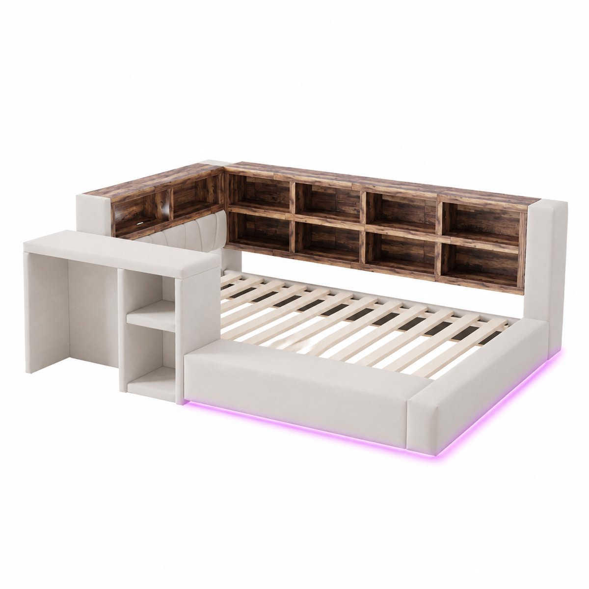 WUVRIE Gestoffeerd bed 90 x 200 cm met opbergruimte, LED, stekkerdozen en zijtafel, lichtgrijs