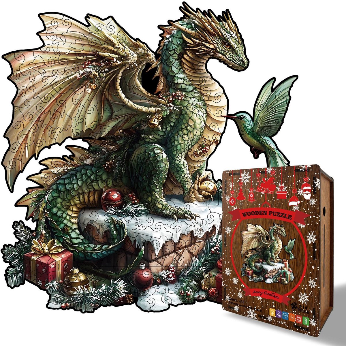 Casalora Houten Puzzel Kerstdraak 214 Stukjes – Unieke Vorm – Dieren Legpuzzel Volwassenen – L