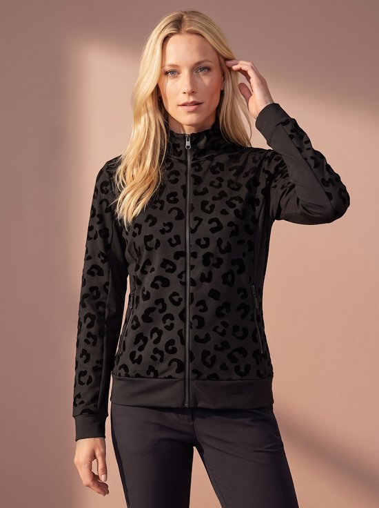 Zwart sportvest met een zwarte panterprint, opstaande kraag en ritssluiting.
