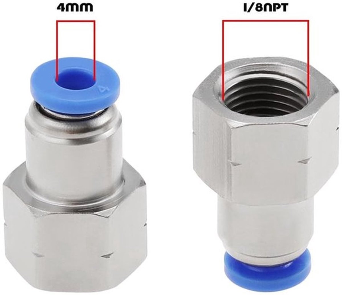 - Pneumatische Connectoradapter - 4 stuks - Push-fit luchtfittingen - 4 mm buis - 1/8 - Vrouwelijke draad - Geschikt voor luchtleidingen
