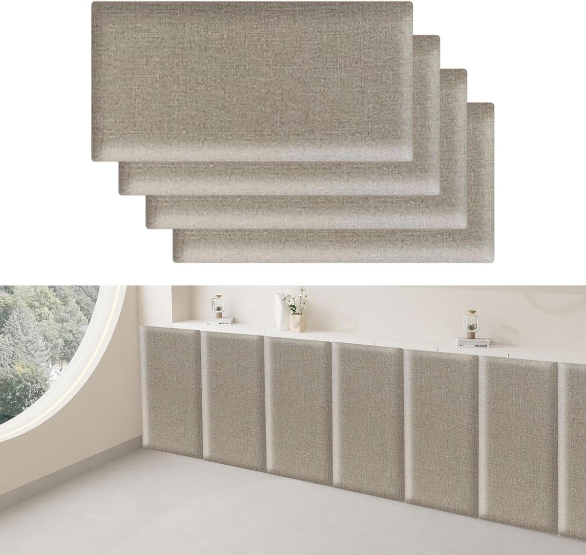 4 x 3D Wandpanelen van Katoen en Linnen, Zelfklevend, Anti-botsing, Hoofdbord Bekleding, Khaki, 40x20cm, Geluiddempende Wanddecoratie, Interieurverbetering, Veiligheid voor Kinderen