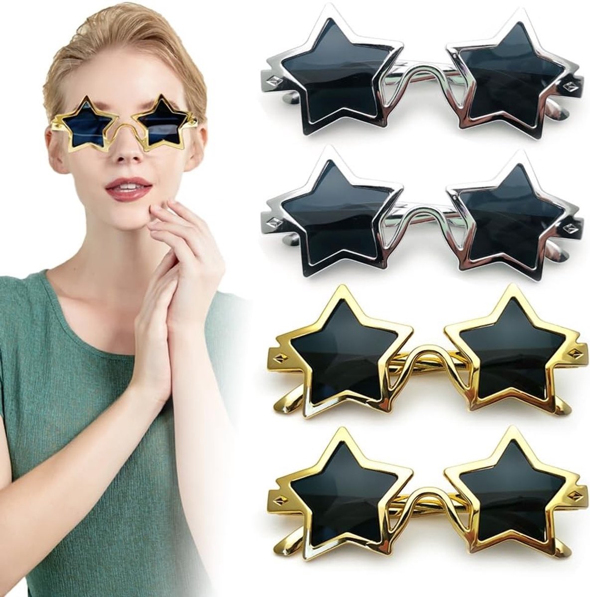 4 Stuks Stervormige Zonnebrillen voor Feestjes - Retro Pentagram Zonnebrillen voor Kinderen en Volwassenen, Perfect voor Kostuums en Fotomomenten