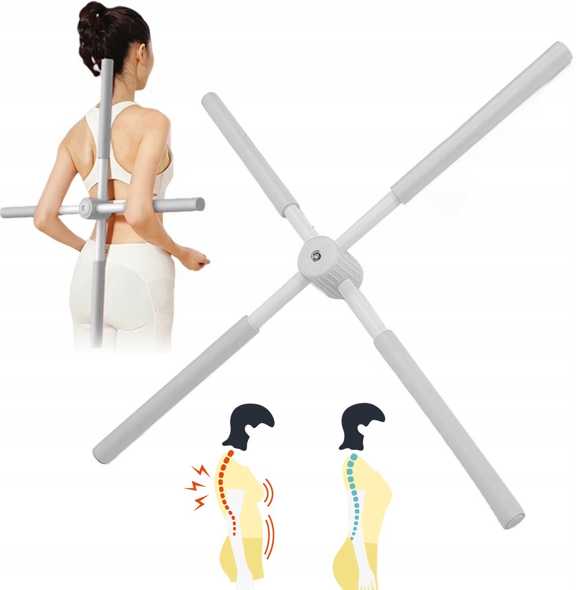 Yogastok voor Houdingscorrectie - 77 cm Yoga stick - Postuur Corrector Stang - Opvouwbaar - Zelfvergrendelend - Hulpmiddel voor Het Stretchen Van de Rug - Voor Thuis en Studio - Grijs