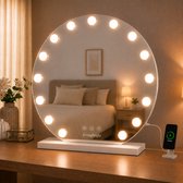 Livingbright - Make Up Spiegel Rond - Hollywood Spiegel met Verlichting 60*57 cm - 3 Lichtkleuren - Dimbaar - USB Oplader - Wit