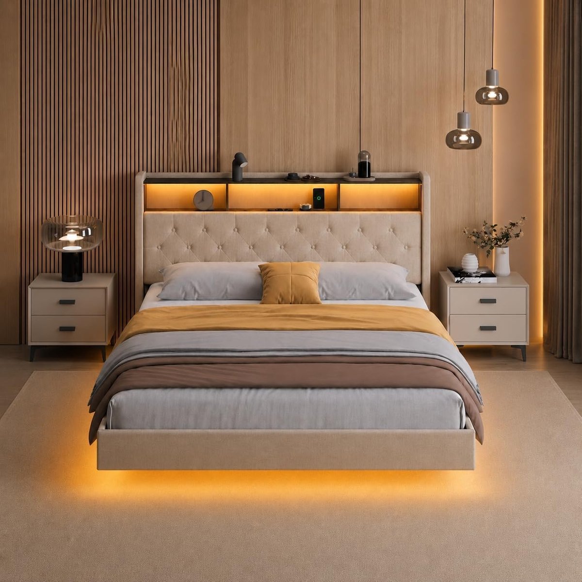 Xbro Upholstered Bed 140 x 200 cm with LED Lighting and Charging Station (USB / Socket), Floating Look, Padded Headboard with Storage Space, Slatted Frame, Beige (without Mattress)