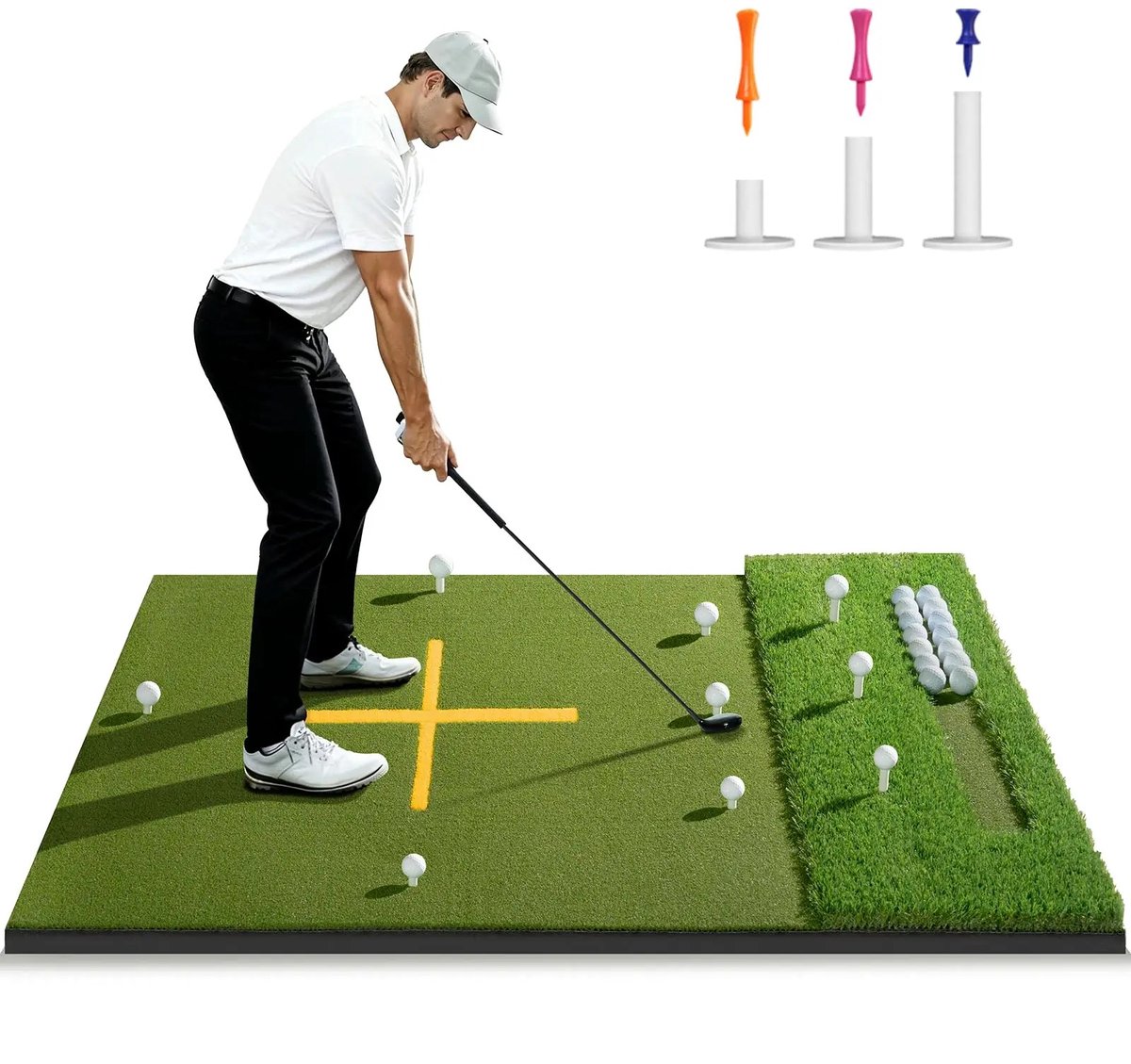 Novendo Goods - Golf oefenmat - Golfmat met dubbele turf, ballenbak en 9 slaggaten voor swing training