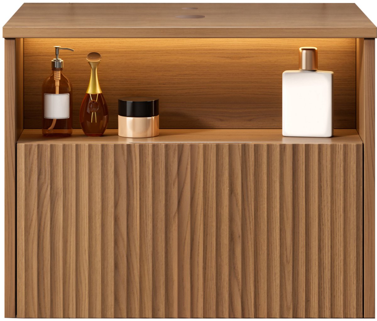 FloraGrace Wandgemonteerde Badkamerkast - Met Lade En Open Vak - Voor Badkamer En Opbergruimte - Multiplex - Brown Oak - 60 Cm