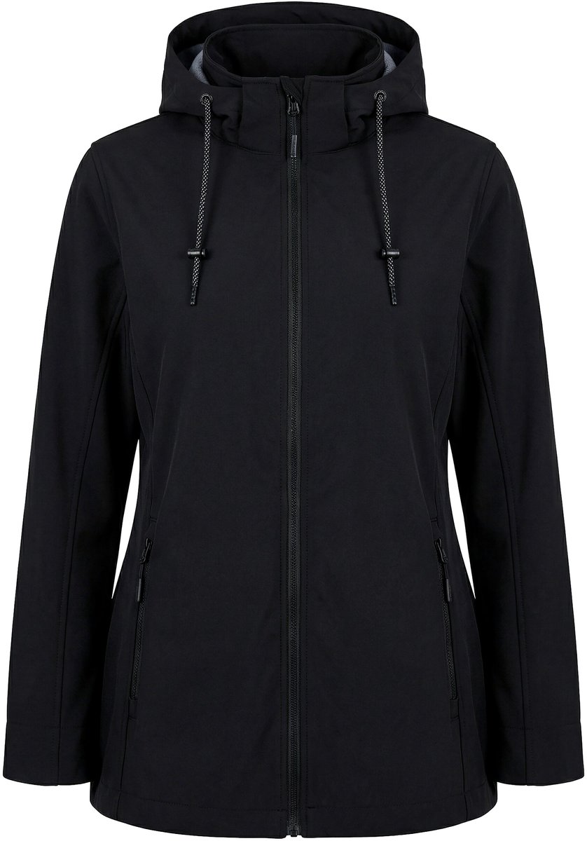 Ulla Popken - Dames - HYPRAR softshell jas capuchon ritszakken langere rug - Zwart - Maat 50+