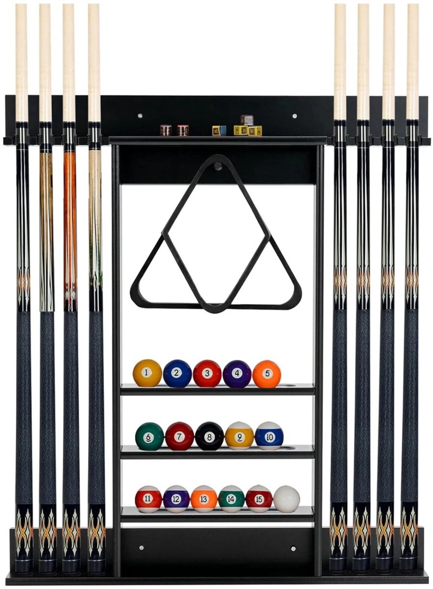 Noventra Pooltafel Accessoires Set – Biljartkeu Houder voor 8 Keuen – Biljartballenrek voor 15 Ballen – Wandhouder – Zwart