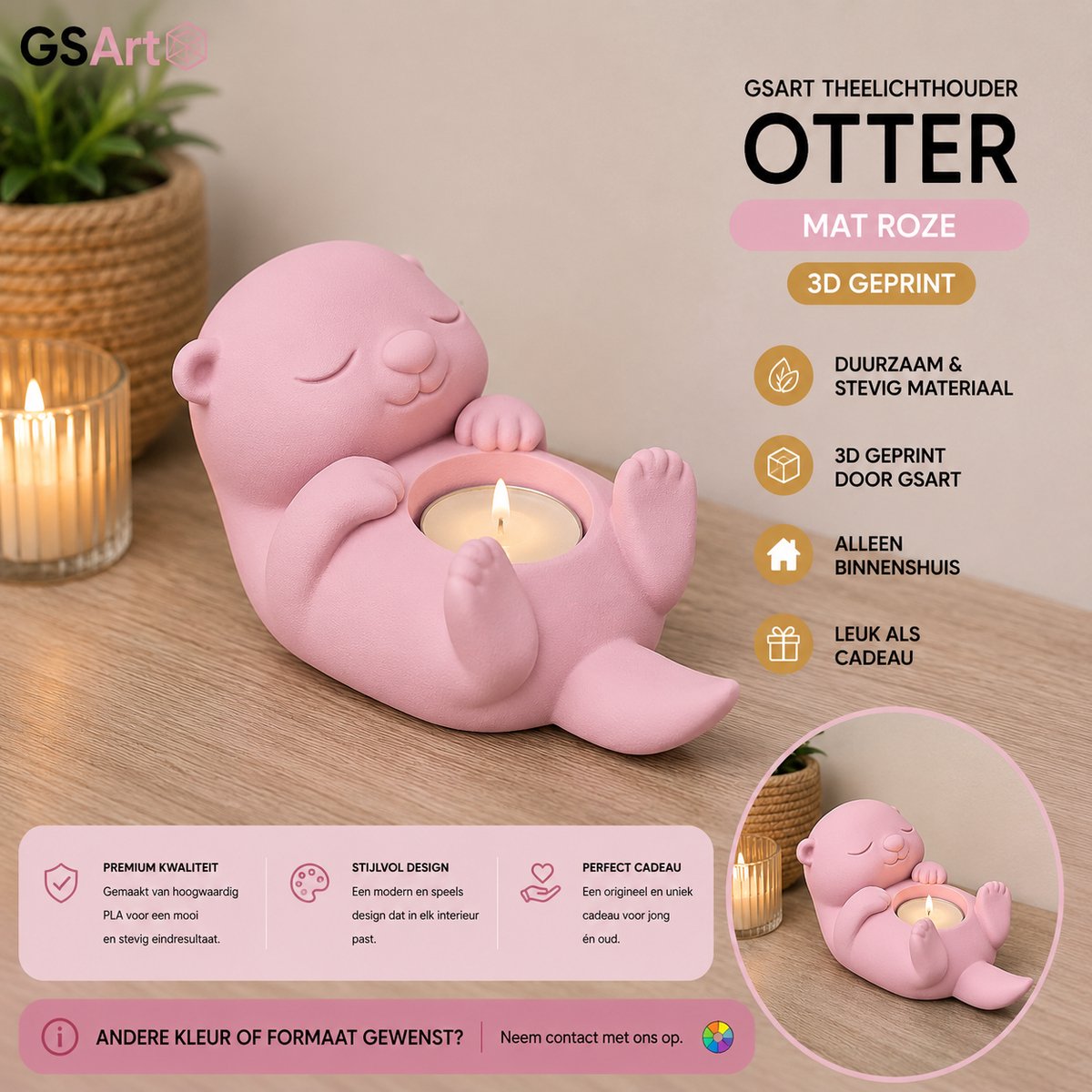 GSArt Theelichthouder Otter – Decoratieve Otter met LED Theelichtje – 3D Geprint - Mat Roze